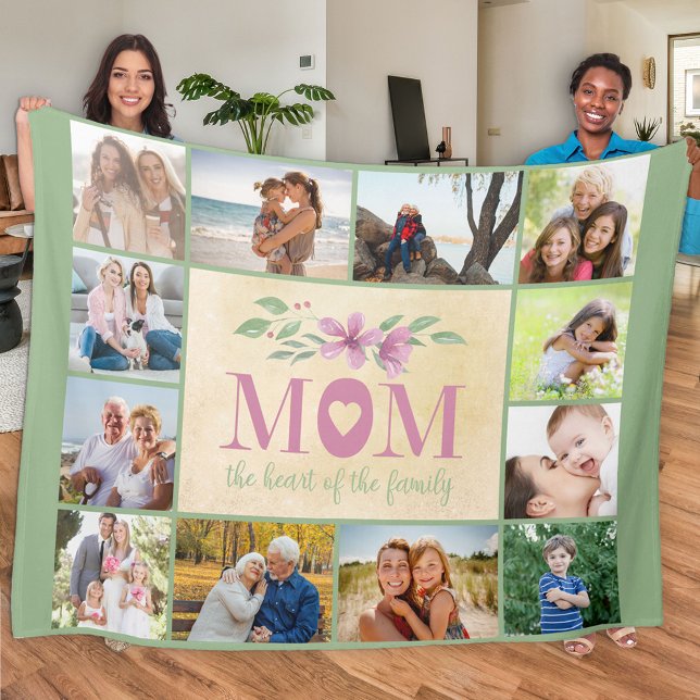 Mom the heart of the family 12 Photo Collage Green Fleece Blanket (Creator Uploaded)