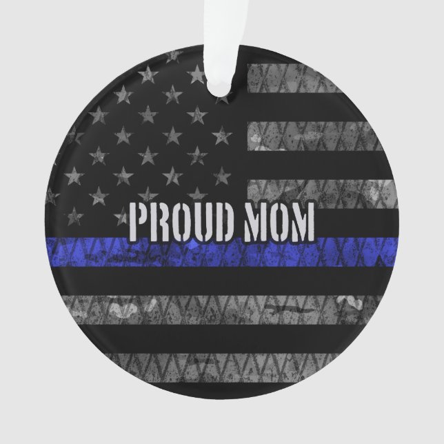 Mom Thin Blue Line Distressed Flag Ornament (Front)