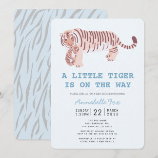 Mom Tiger Carry Cub Blue Baby Shower Invitation