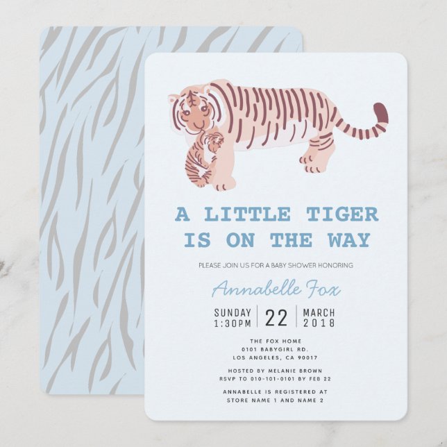 Mom Tiger Carry Cub Blue Baby Shower Invitation (Front/Back)