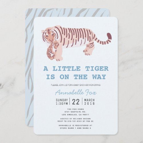 Mom Tiger Carry Cub Blue Baby Shower Invitation