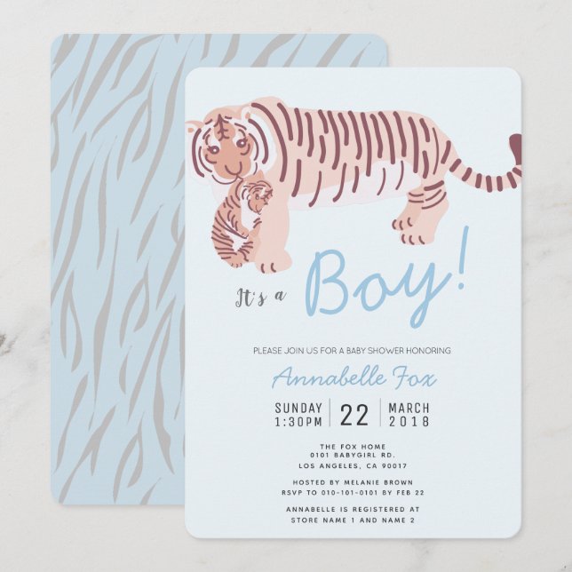 Mom Tiger & Cub Blue Boy Baby Shower Invitation (Front/Back)