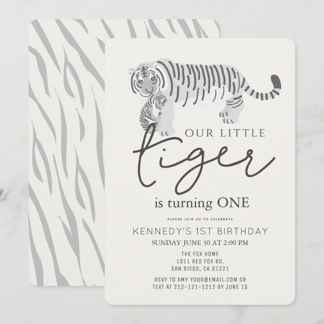 Mom Tiger & Cub Modern Cream 1st Birthday Invitation (Front/Back)