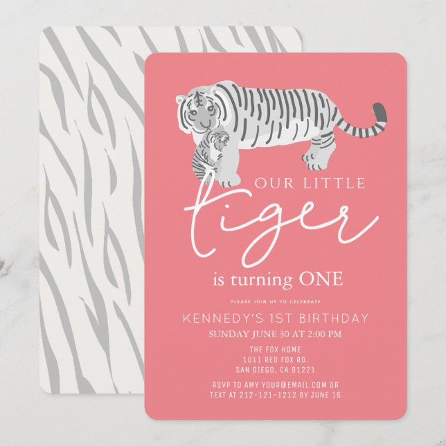 Mom Tiger & Cub Modern Pink 1st Birthday Invitation (Front/Back)