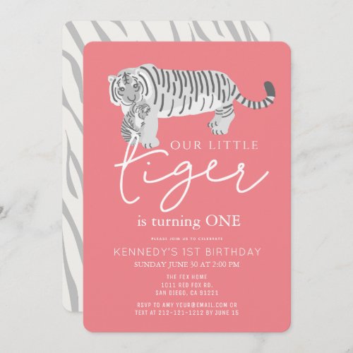 Mom Tiger  Cub Modern Pink 1st Birthday Invitation
