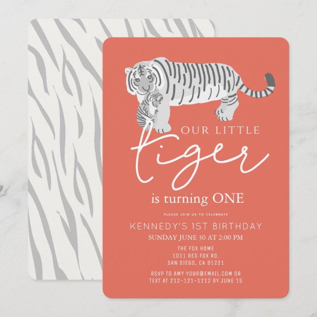 Mom Tiger & Cub Modern Red 1st Birthday Invitation (Front/Back)