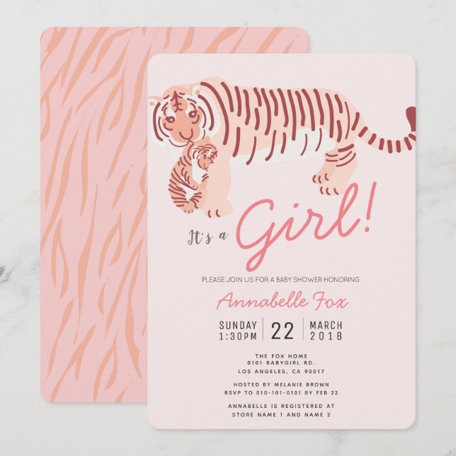 Mom Tiger & Cub Pink Girl Baby Shower Invitation (Front/Back)