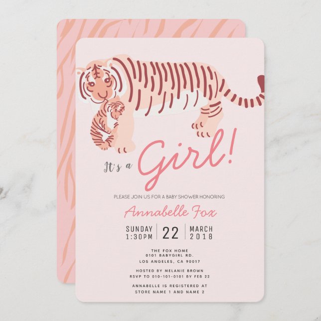 Mom Tiger & Cub Pink Girl Baby Shower Invitation (Front/Back)