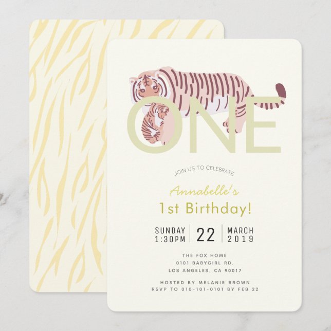 Mom Tiger & Cub Yellow 1st Birthday Invitation (Front/Back)