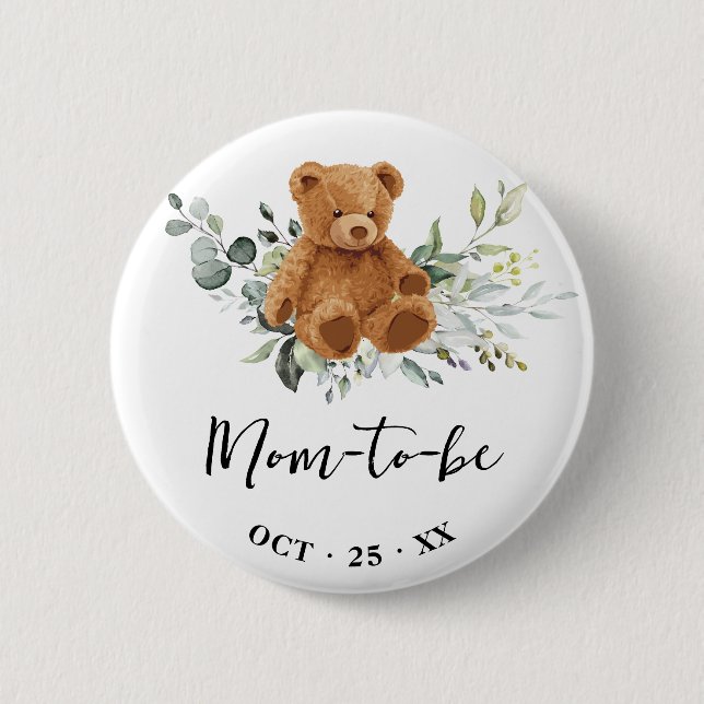 Mom to Be Bear Greenery Baby Shower Button (Front)