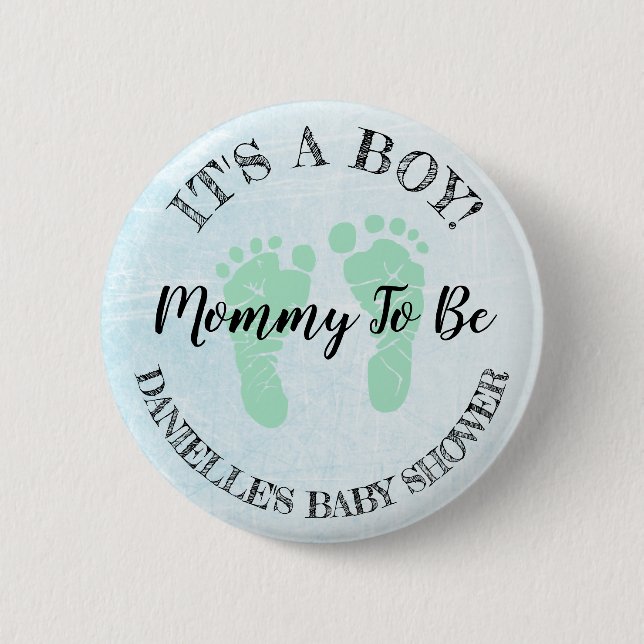 Mom to be blue and Green Footprints Baby Shower Button (Front)