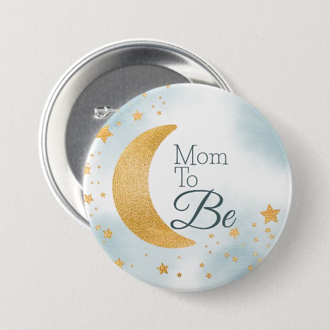 Mom to Be Blue Over the Moon Baby Shower Button (Front & Back)