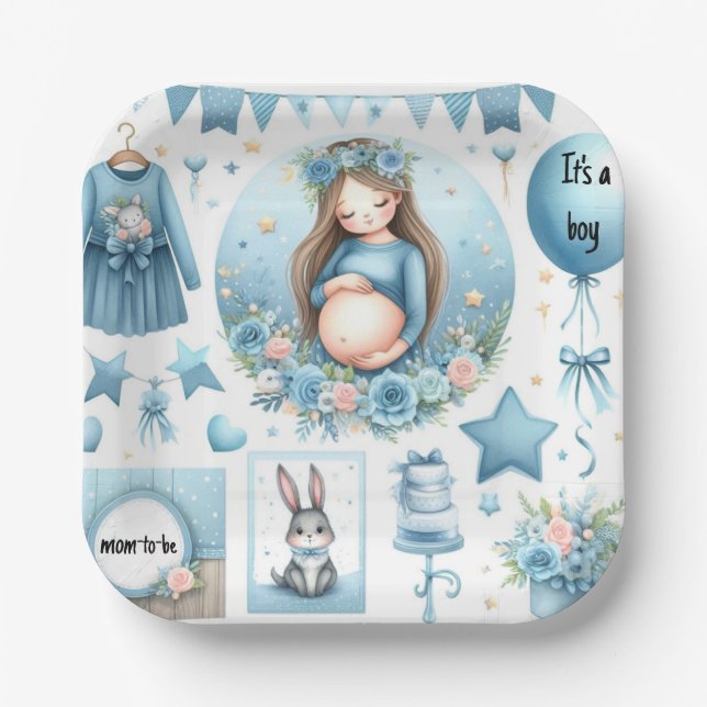 Mom to Be Boy Baby Shower Blue Paper Plate (Front)