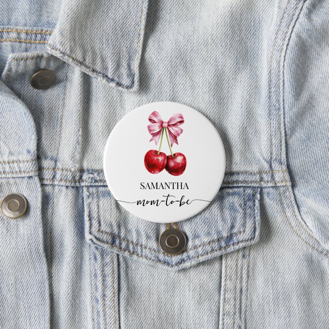Mom to Be Cherry Pink Coquette Baby Shower Button (In Situ)