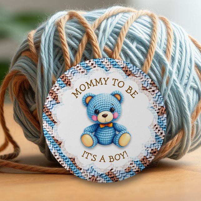 Mom to be | Crochet Teddy Bear Boy's Baby Shower  Button (Creator Uploaded)