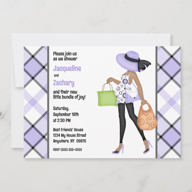 Mom-to-Be (dark skin) Purple Plaid Baby Shower Invitation (Front)