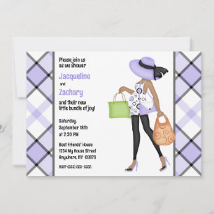 Mom-to-Be (dark skin) Purple Plaid Baby Shower Invitation
