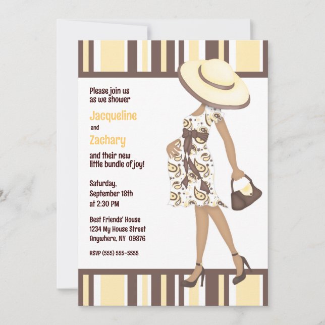 Mom-to-Be (dark skin) Yellow Striped Baby Shower Invitation (Front)
