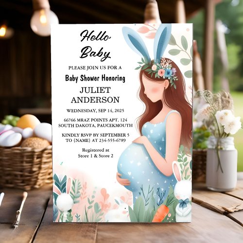 Mom to be Ear Hop Blue Pink Bunny Baby Shower Invitation