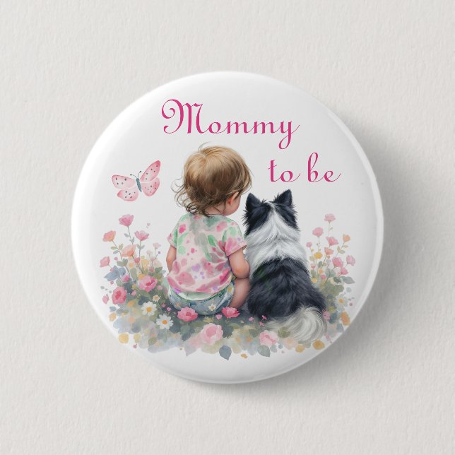 Mom to be | Pink Baby and Puppy Baby Shower Button (Front)