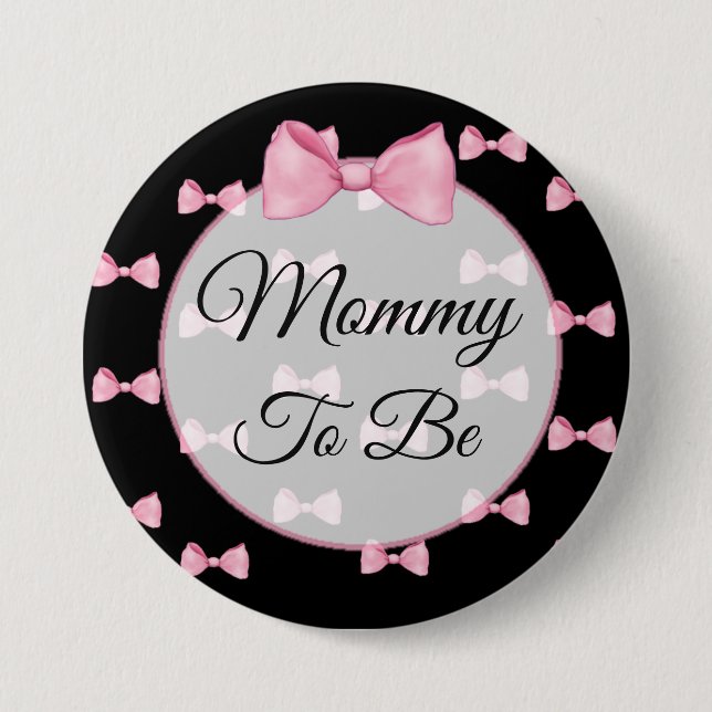 Mom to be Pink Bow Baby Shower Button Black (Front)