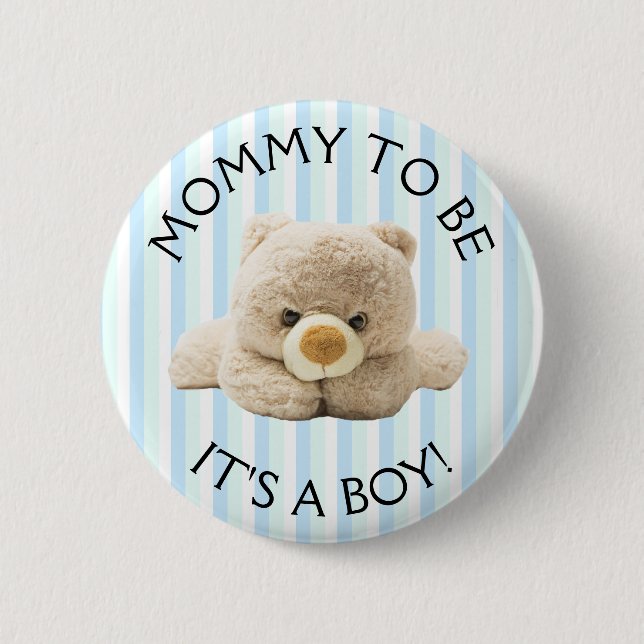 Mom to be "Teddy Bear" Blue Baby Shower Button (Front)