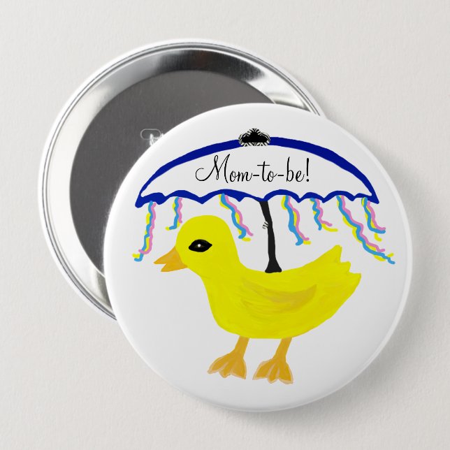 Mom-to-be Yellow Ducky Umbrella Shower Button (Front & Back)