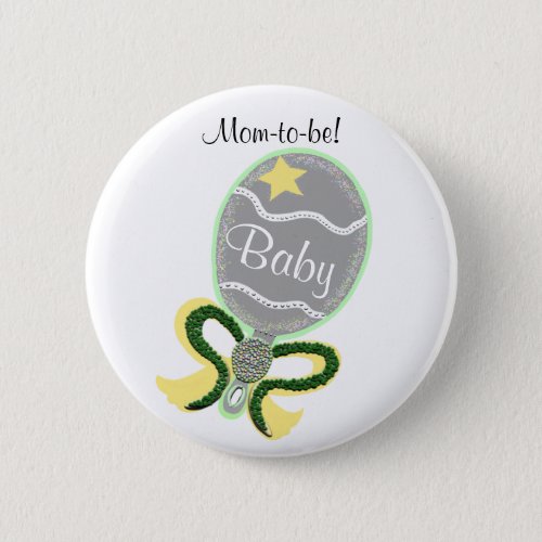 Mom_To_Be Yellow Star Green Bow Baby Rattle Shower Pinback Button