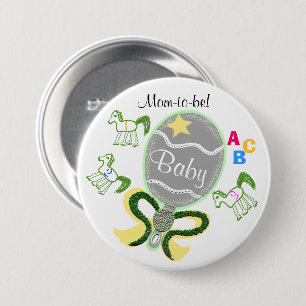 Mom To Be Yellow Star Horses Rattle Baby Shower Button