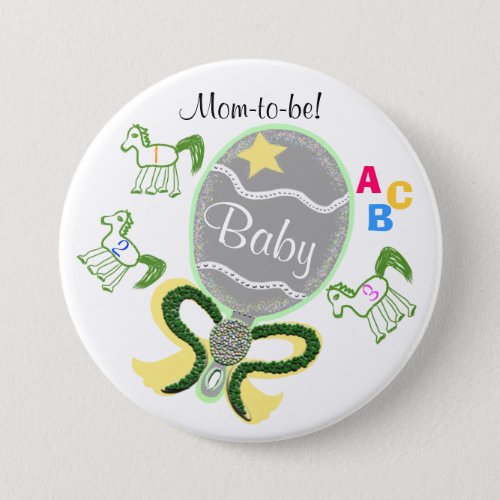 Mom To Be Yellow Star Horses Rattle Baby Shower Button
