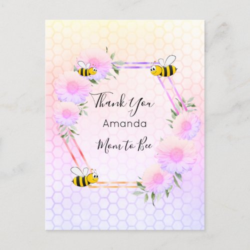 Mom to Bee Baby shower pink floral thank you Postcard