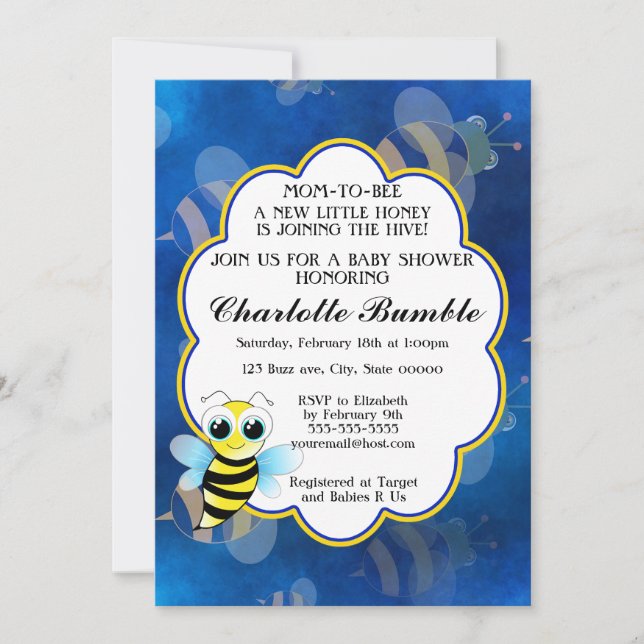 Mom To Bee Blue & Yellow Unisex Baby Shower Invitation (Front)