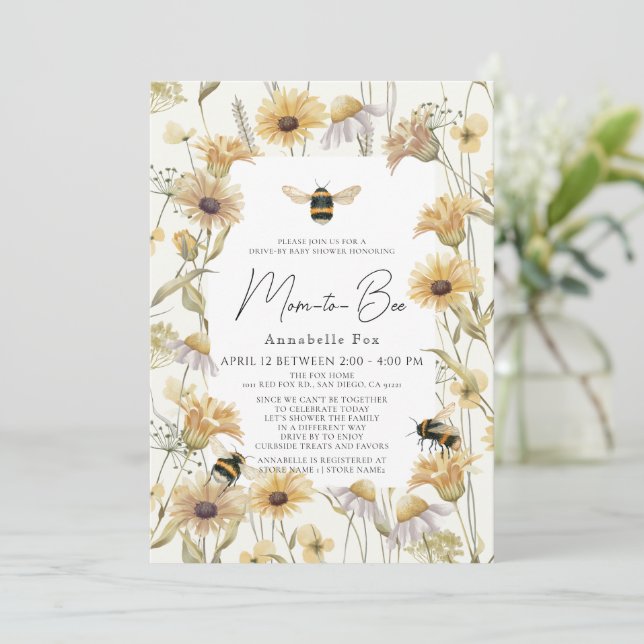 Mom to Bee Chamomile Daisies Drive-by Baby Shower Invitation (Standing Front)