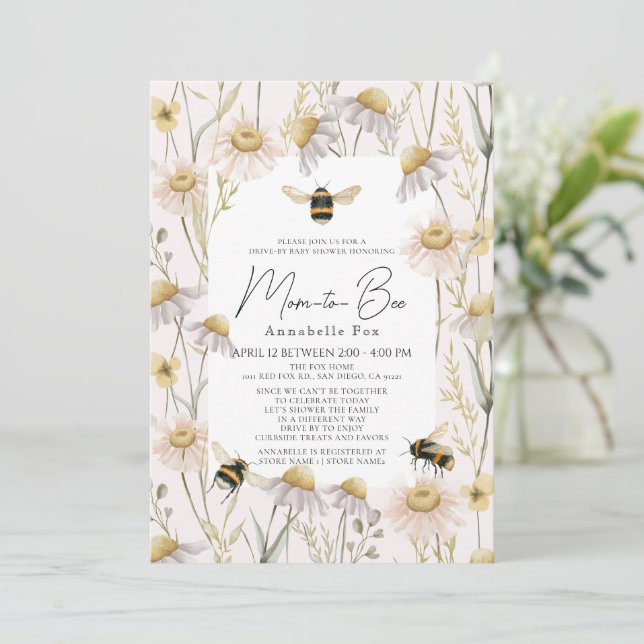Mom to Bee Chamomile Pink Drive-by Baby Shower Invitation (Standing Front)