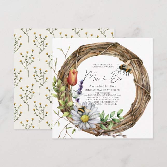 Mom to Bee Floral Vine Wreath Baby Shower Invitation (Front/Back)