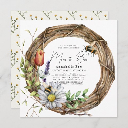 Mom to Bee Floral Vine Wreath Baby Shower Invitation