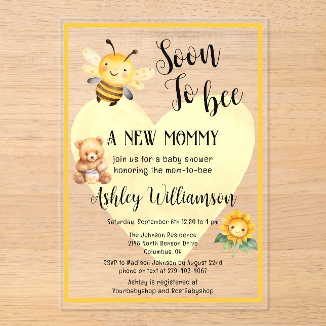 Mom-to-Bee Honey Bear Baby Girl Shower Acrylic  Invitations (Front)