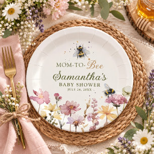 Mom to Bee Wildflower Pink & Green Baby Shower Paper Plates