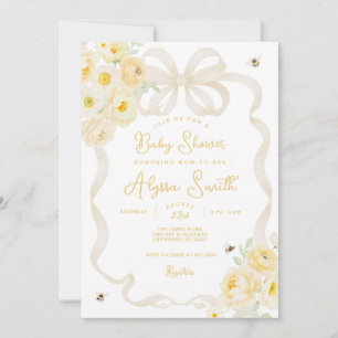 Mom to Bee Yellow Stripes and Floral Baby Shower Invitation