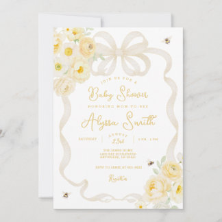 Mom to Bee Yellow Stripes and Floral Baby Shower Invitation