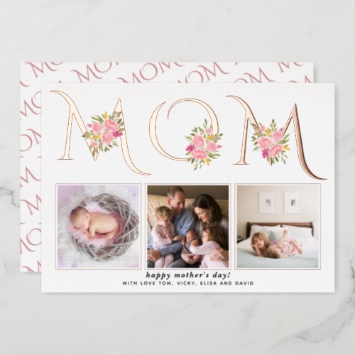 MOM typography photo Mothers Day rose gold Foil Holiday Card