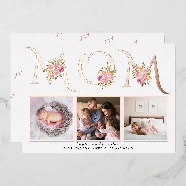 MOM typography photo Mothers Day rose gold Foil Holiday Card (Front/Back)