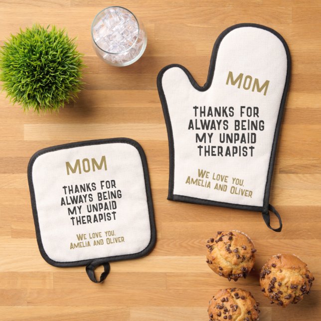 Mom Unpaid Therapist Funny Humor Mother's Day Oven Mitt & Pot Holder Set (Top Down)