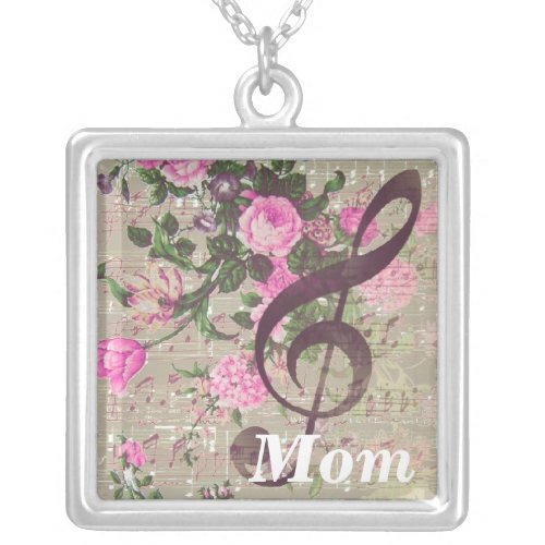 Mom Vintage Rose Music Square Necklace