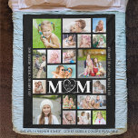 MOM WE LOVE YOU 19 Photo Collage Custom Color Flee Fleece Blanket<br><div class="desc">Create a modern, unique, photo collage keepsake blanket for a special mother with 19 pictures and the title MOM WE LOVE YOU accented by a heart in the middle. The text, font styles and colors and the background color can be changed by clicking on the PERSONALIZE section and then CUSTOMIZE...</div>