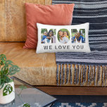 Mom We Love You Custom Mothers Day 3 Photo Collage Lumbar Pillow<br><div class="desc">Create a stylish and memorable gift for Mom this Mother's Day! This custom throw pillow features a collage of three favorite family pictures of the kids (front and back) designed as a modern and bold sans serif typography design. Personalize the "We love you" text and modify the charcoal gray text...</div>