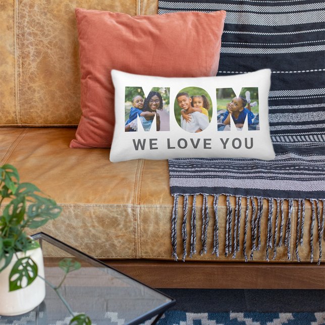 Mom We Love You Custom Mothers Day 3 Photo Collage Lumbar Pillow (Creator Uploaded)
