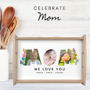 Mom-We Love You-Daisy Butterfly Photo & Name Servi Serving Tray