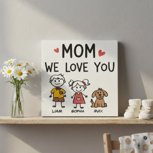 Mom We Love You Kids and Dog Names Design Faux Canvas Print