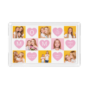 Mom We Love You Kids Names 8 Photo Collage Heart Acrylic Tray